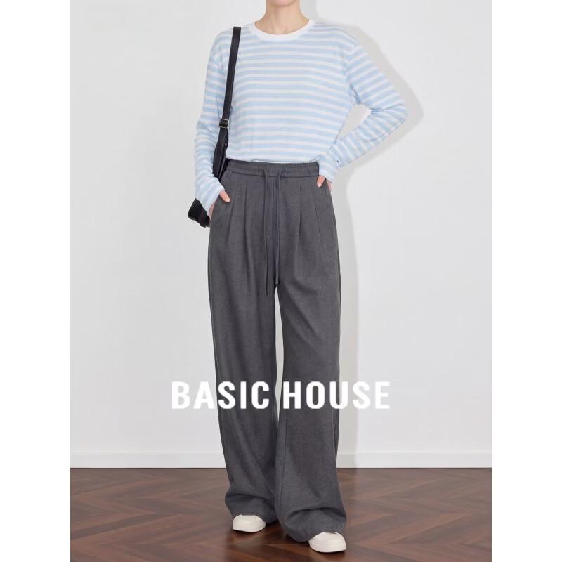 Basic House Women s Deep Grey Casual Straight Wide-Leg Pants M