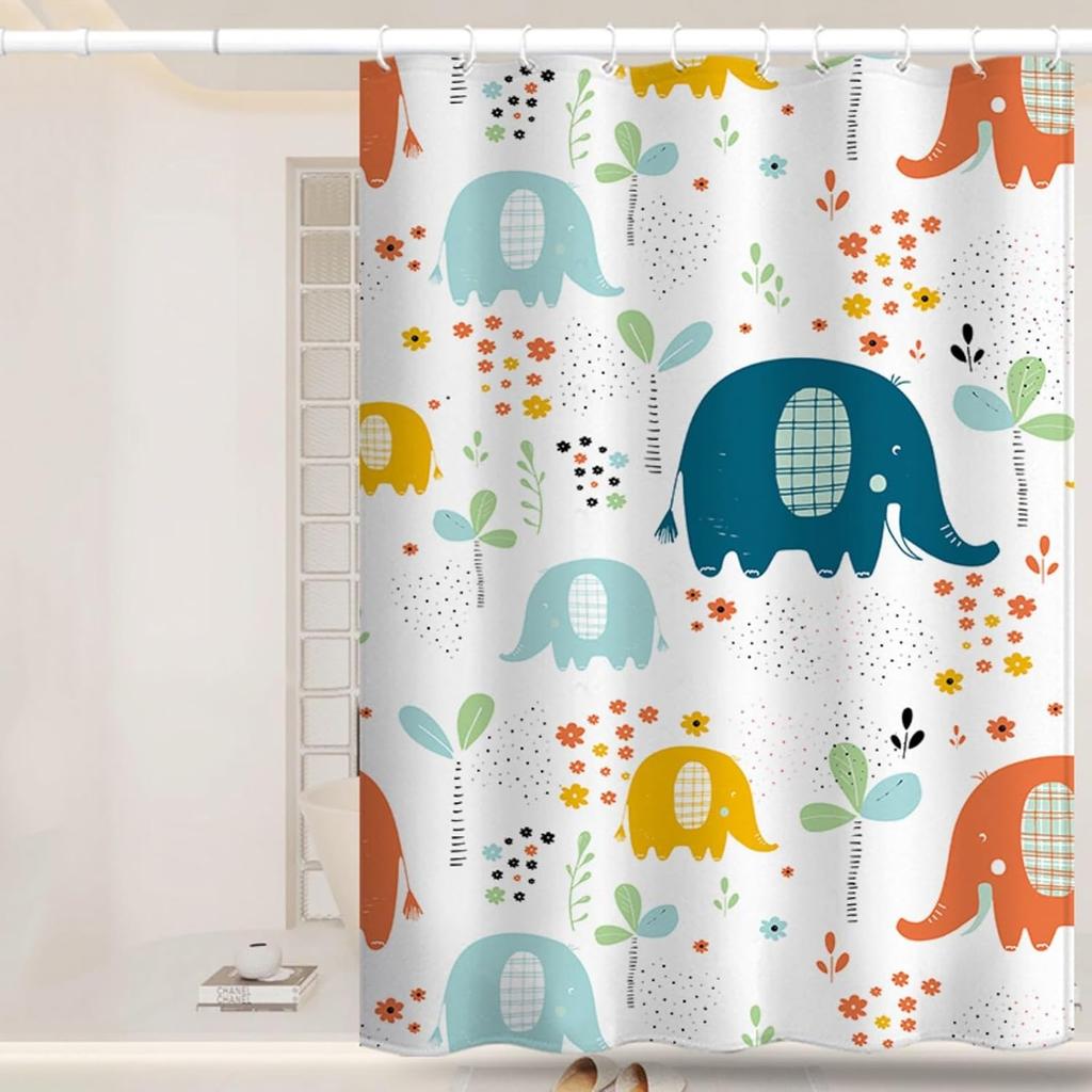 Blackout Shower Curtain with Hooks, Minimalist Cartoon Pattern Shower Curtain Set, Modern Colorful Polyester Fabric Bath Curtain