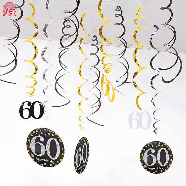 Birthday Party Spiral Hanging Decorations Set - 12 Pieces for 30th, 40th, 50th, 60th Celebrations
