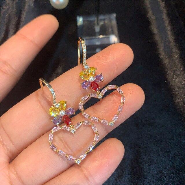 

Модный дизайн, висячие серьги, серьги в форме сердца с милым цветком, микронабор, серьги-гвоздики с цветным фианитом, милые серьги-капли