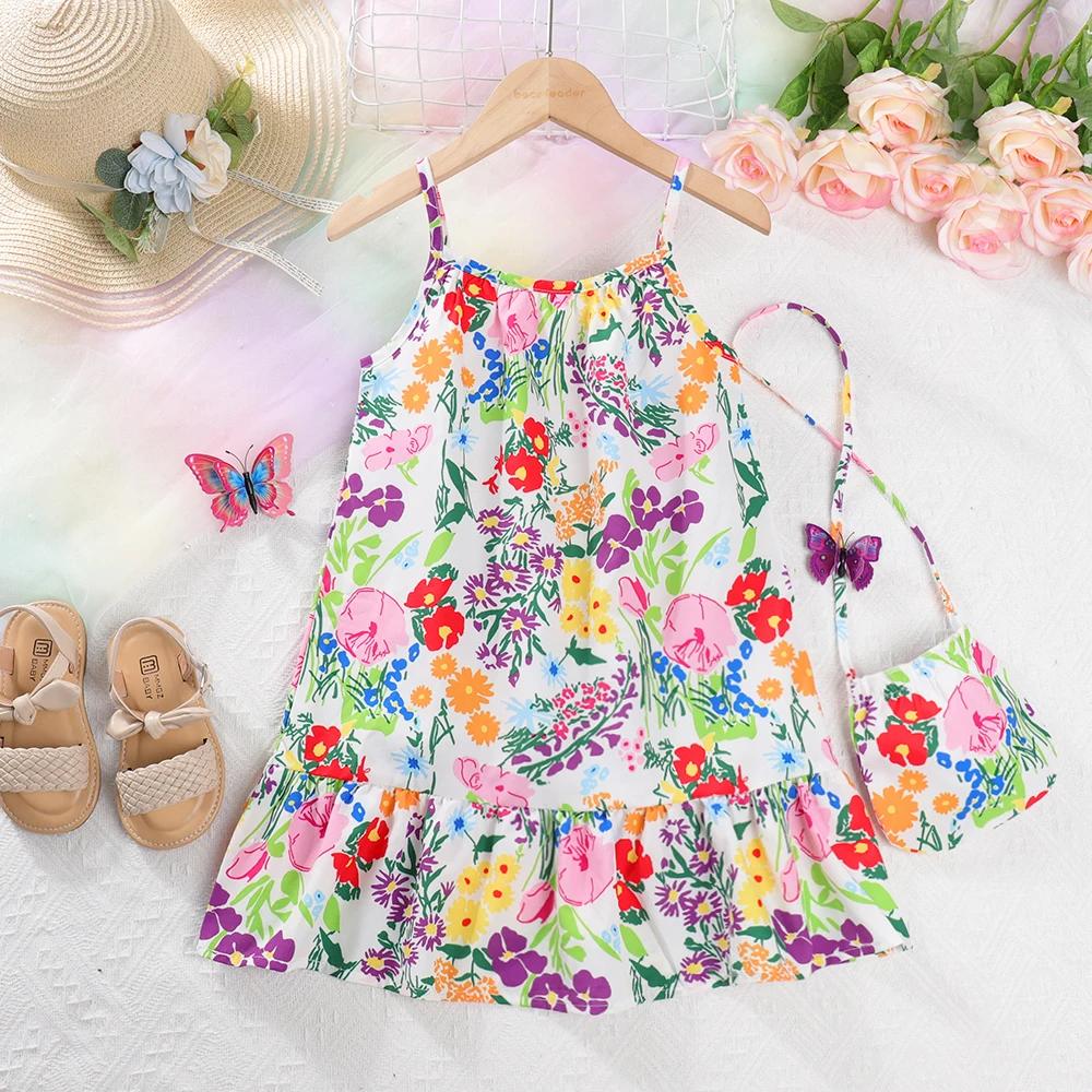 Korean Version Fashion 3-7Years Girls Flower Print Sleeveless Strap Dress With Bag Summer Beach Holiday Casual Kids Clothes 3Y