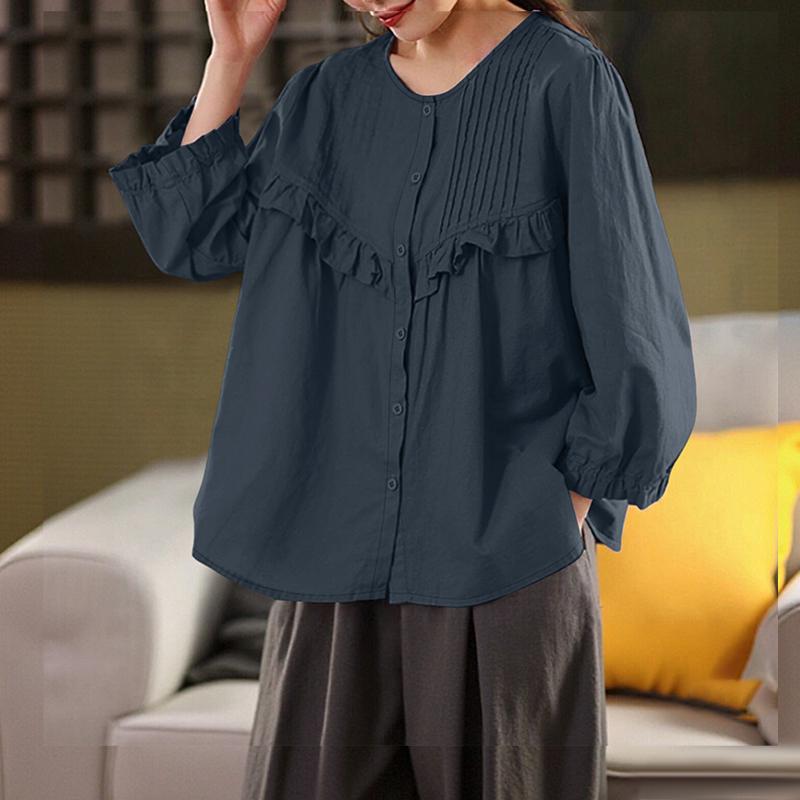 ZANZEA Camicetta casual da donna a maniche lunghe con scollo rotondo e tinta unita