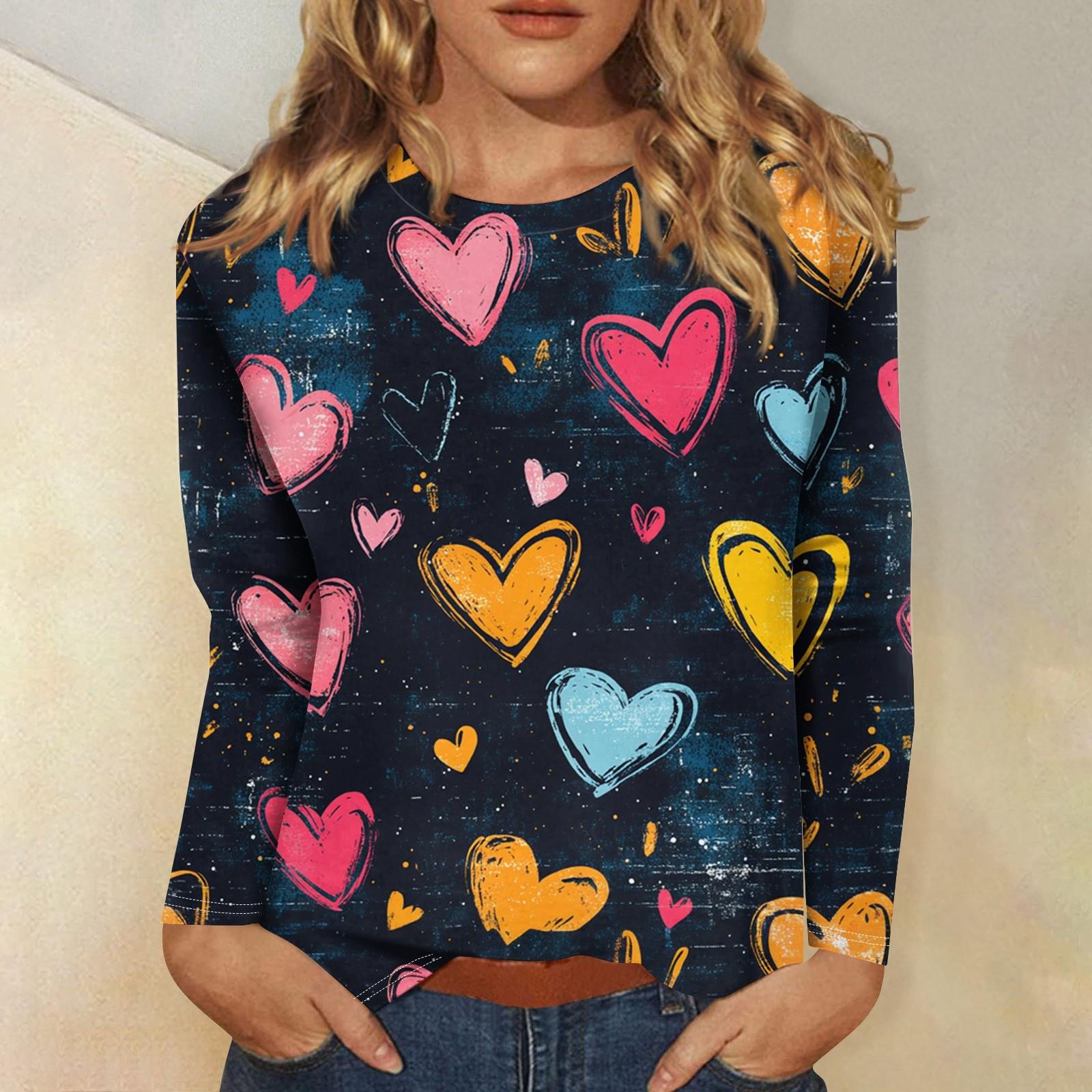 

Женская мода повседневная с длинным рукавом и принтом ко Дню святого Валентина с круглым вырезом XL тёмно-синий