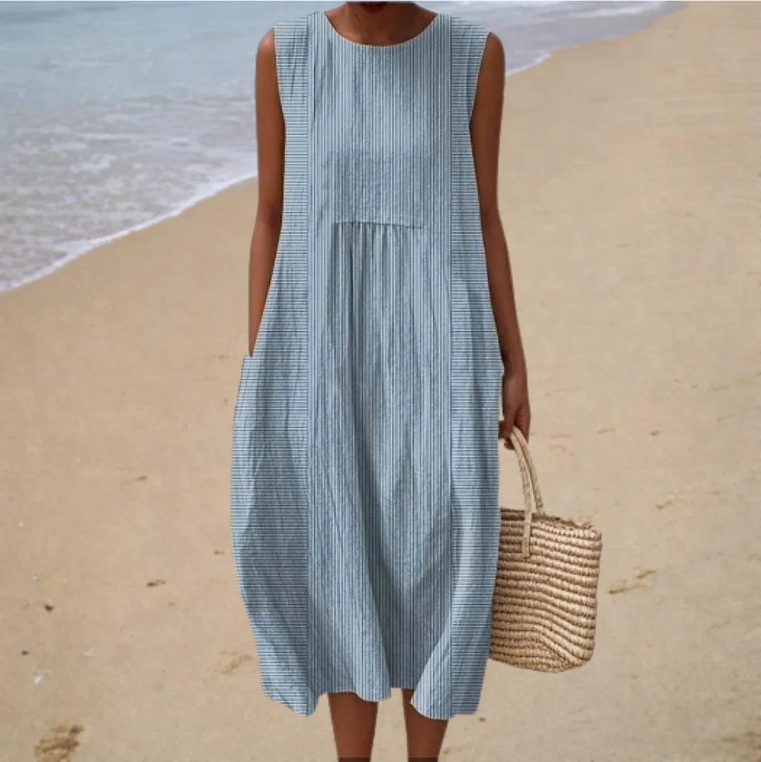 New printed imitation linen crew neck pullover fashionable women s summer sleeveless dress S