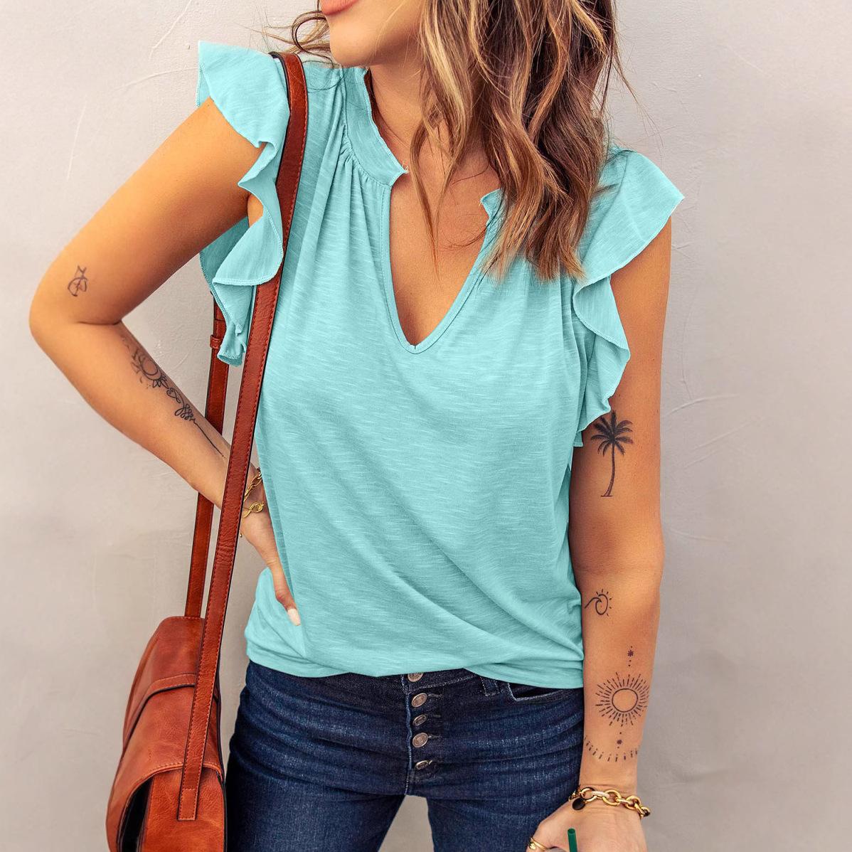 

Женская модная футболка с V-образным вырезом, коротким рукавом, свободного кроя S светло-синий