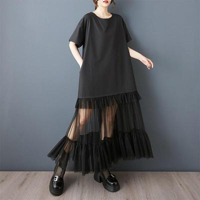 Short Sleeve Plus Size Mesh Patchwork Vintage New In Dresses for Women Casual Loose Long Summer Dress