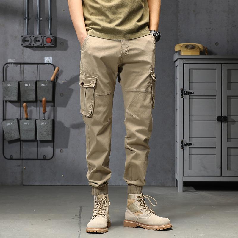 Men's new outdoor American fashion retro tied feet multi-pocket overalls versatile elastic