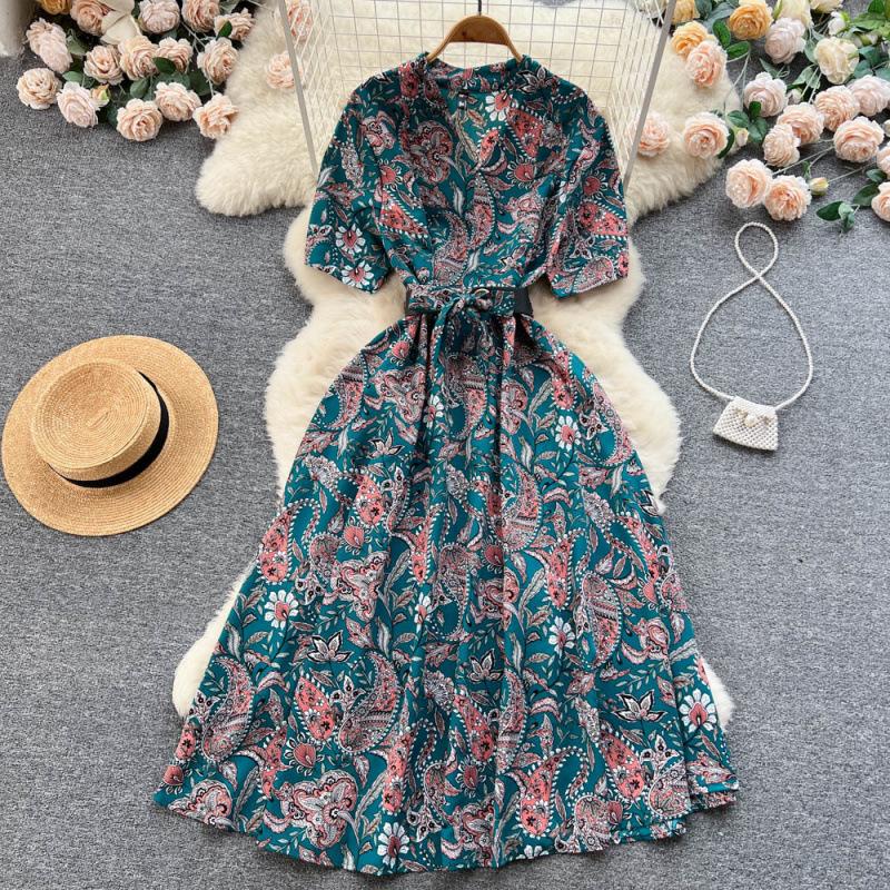 Summer new temperament shirt dress women's print waist over knee pendulum celebrity floral long skirt tide