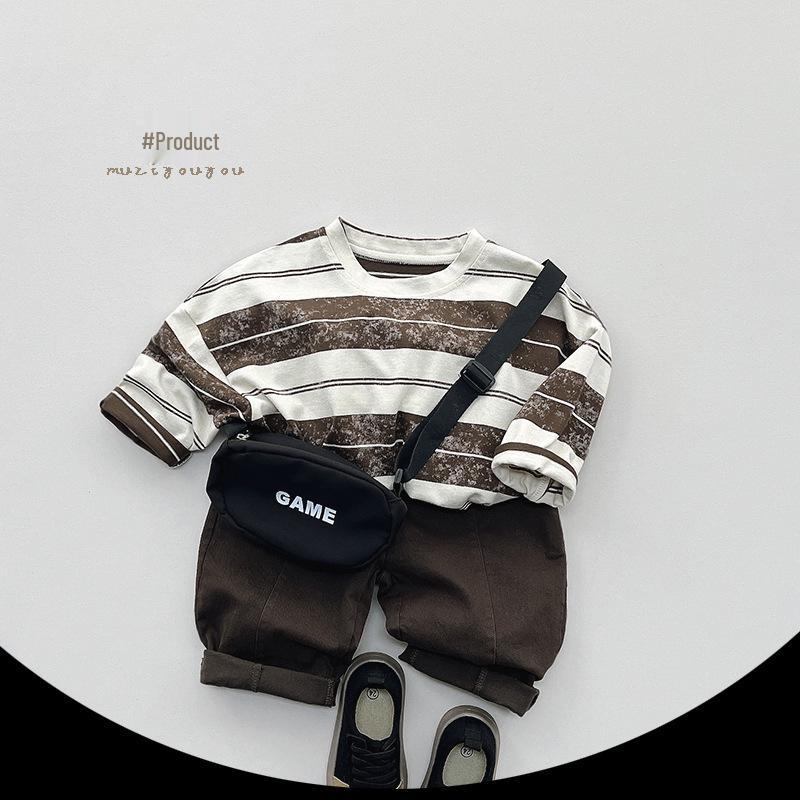 Tricou pentru copii cu dungi retro uzat - Unisex Stil coreean Primăvara 2025