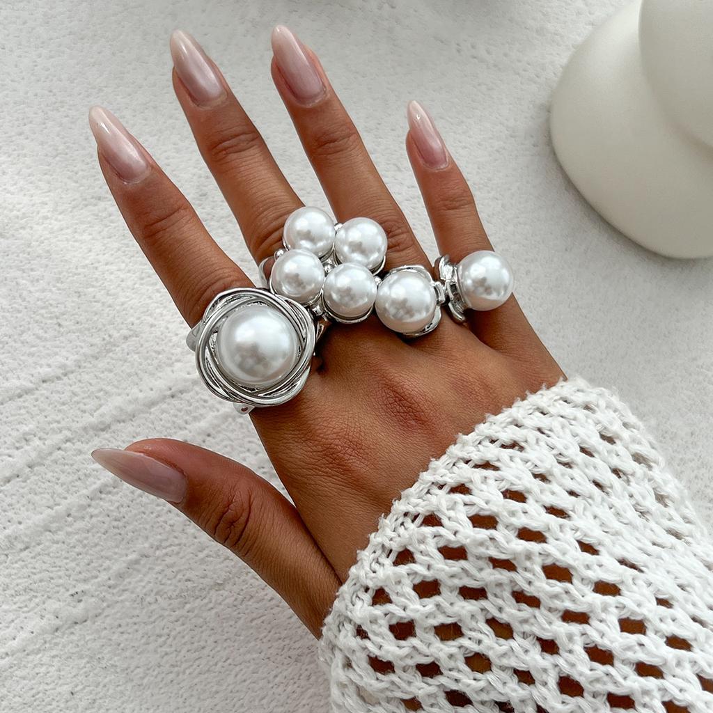 Baroque Metal Ring Set INS Style Imitation Pearl Hollow Joint Ring