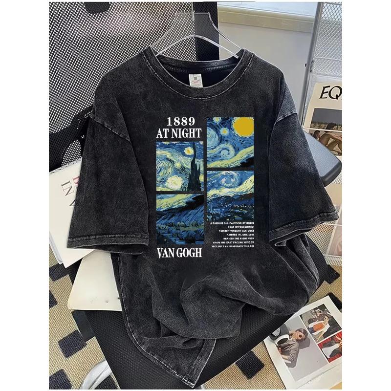 Vintage Summer Cotton Fashionable Casual Loose Tribute Van Gogh Famous Painting Printed Round Neck Short Sleeved T-shirt