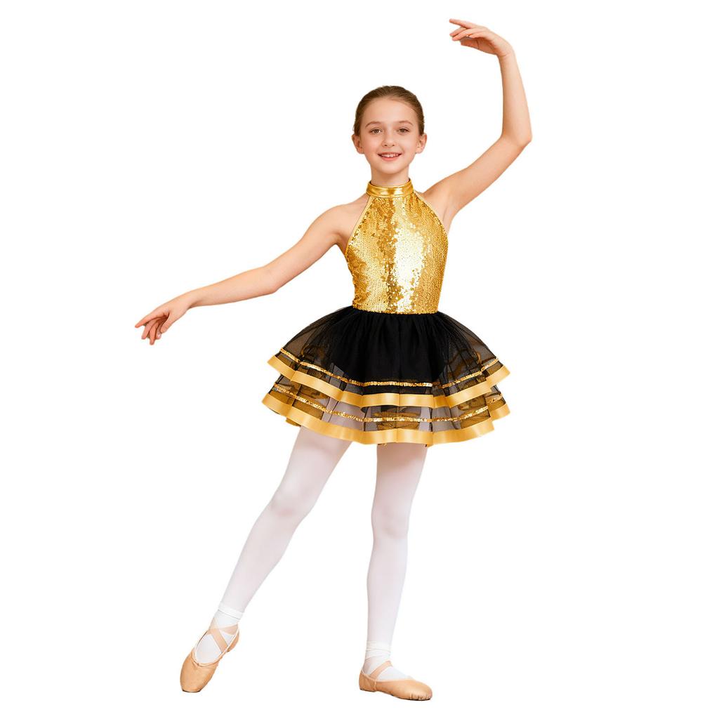 Girls Kids Sparkling Sequins Ballet Tutu Dress Modern Jazz Dance Outfit Stage Performance Costume Dancewear