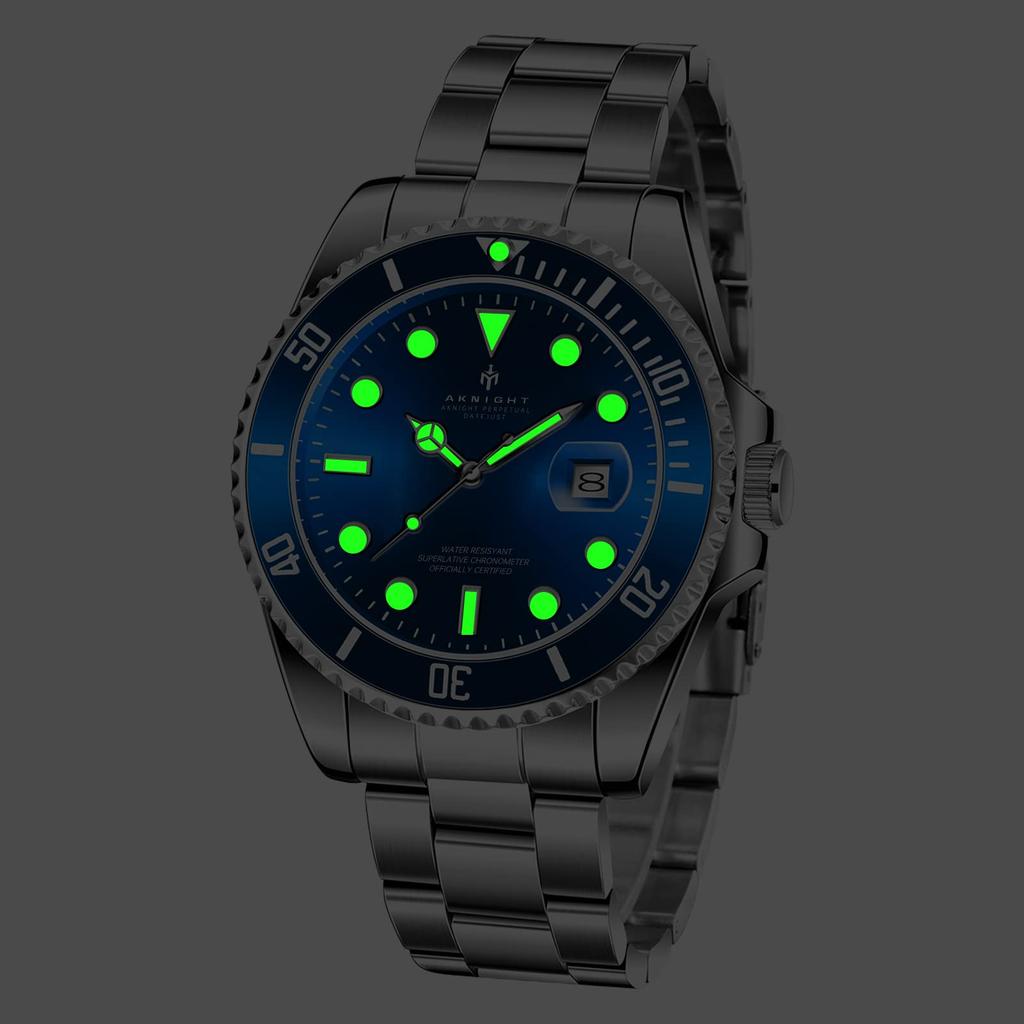 AKNIGHT Analoguhr mit einseitig drehbarer stilvoller Kristall-Leucht-Edelstahl 30m Wasser Leuchtend Datum Japanische Bedienungsanleitung Herren