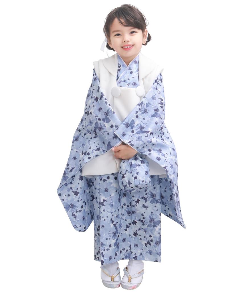 KYOETSU Set for Ceremony Includes Kimono and In a Dull Color Light Blue Flower 4-Piece Girls' Shichi-Go-San (753), Two-Piece Set, Hifu, Accessories,