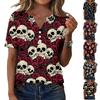 Women's Casual Print V-Neck Short Sleeve T-Shirt with Decorative Buttons