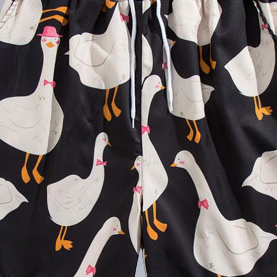 Men Beach Shorts Elastic Waist Adjustable Drawstring Cartoon Goose Print Beach Shorts Quick Drying Leisure Shorts