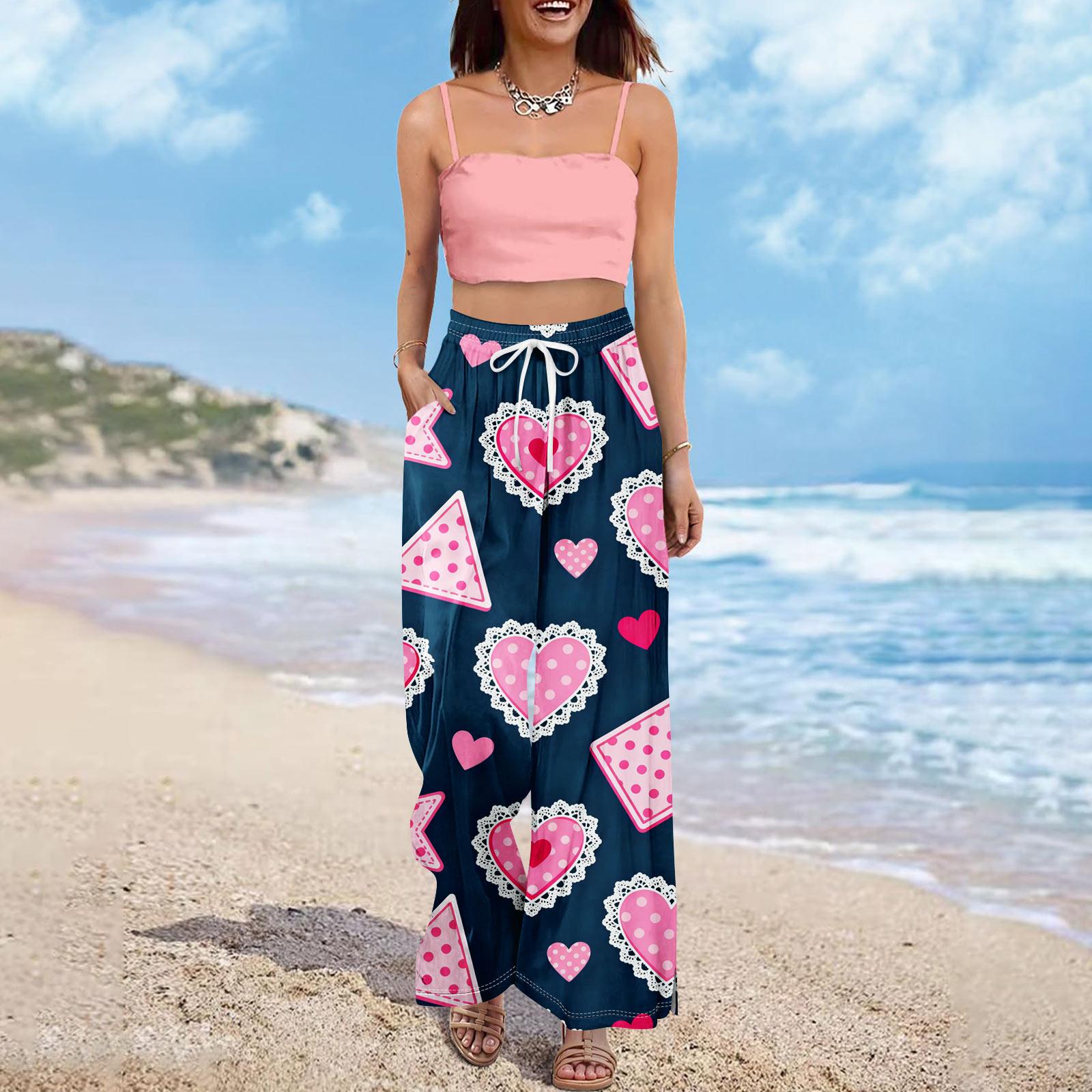 

Женские летние брюки-палаццо в стиле бохо с высокой талией, широкие повседневные брюки с принтом и карманами XL арбуз красный