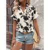 Women Floral Print V Neck Short Sleeve Blouse Casual Notch Collar Rolled Cuff Shirt