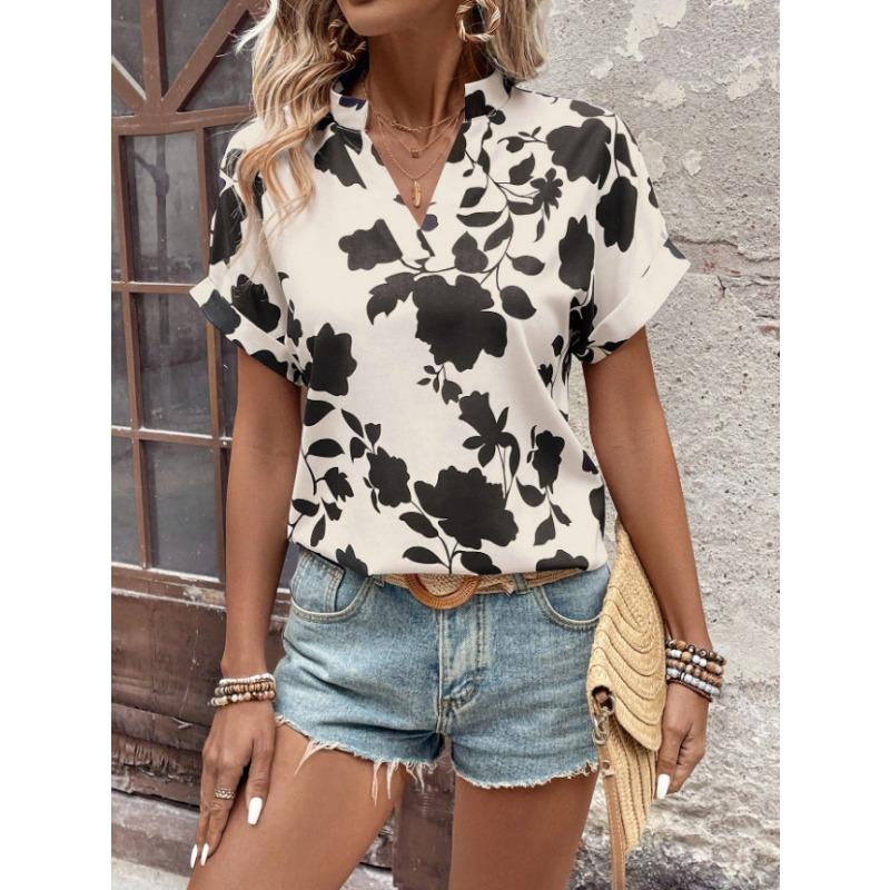 Women Floral Print V Neck Short Sleeve Blouse Casual Notch Collar Rolled Cuff Shirt