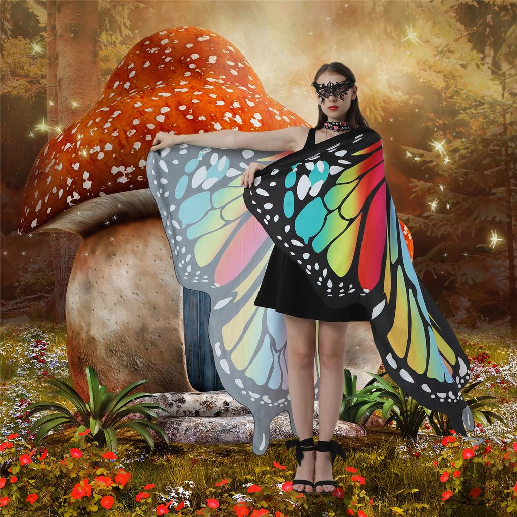 Halloween Costume for Adult Women Butterfly Wing Fairy Shawl with Antenna Headband Soft Lace Mask Cosplay Dress Up