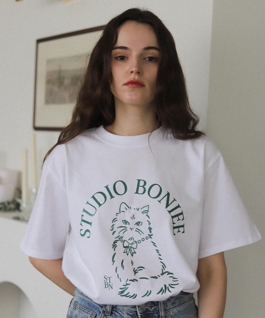 BONIEE New Cat Symbol Cat Graphic Loose Oversized T-Shirt White