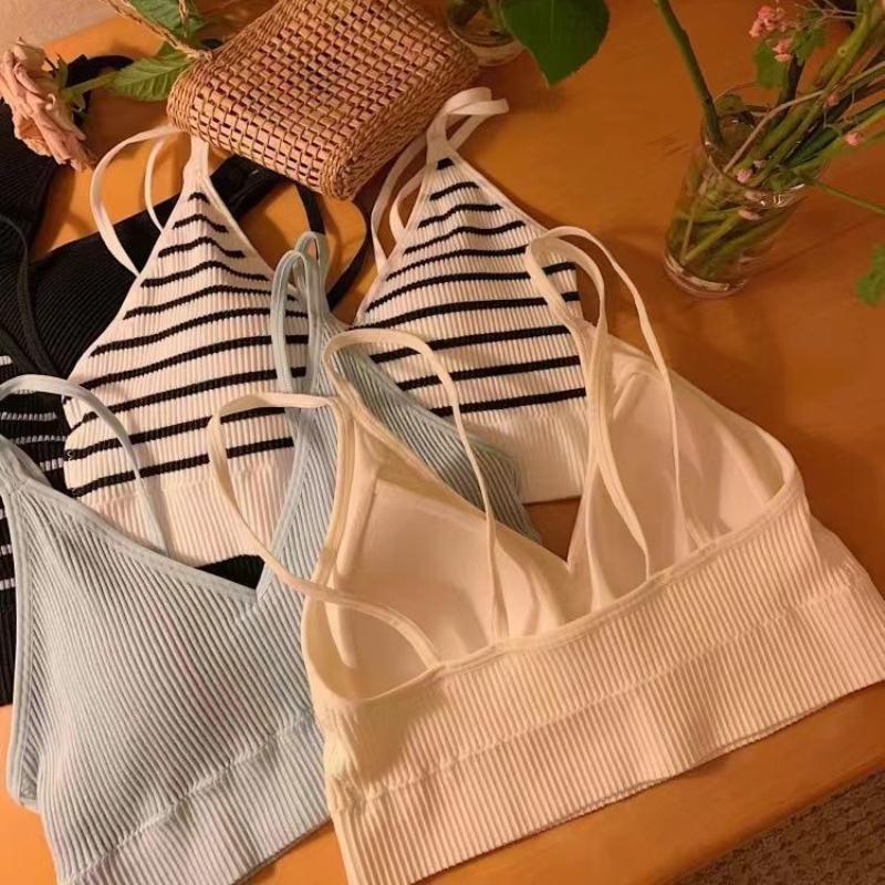 Ribbed Anti-Slip Bustier Solid Color Stripe Sling Anti-Slip Student Padded Yoga Sports Bra for Women