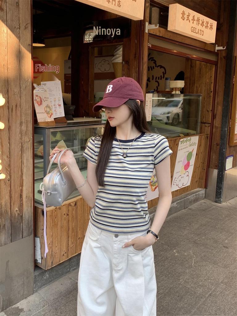 Women's Summer 2025 Popular Striped Short Sleeve T-shirt | Unique & Stylish Straight Shoulder Design