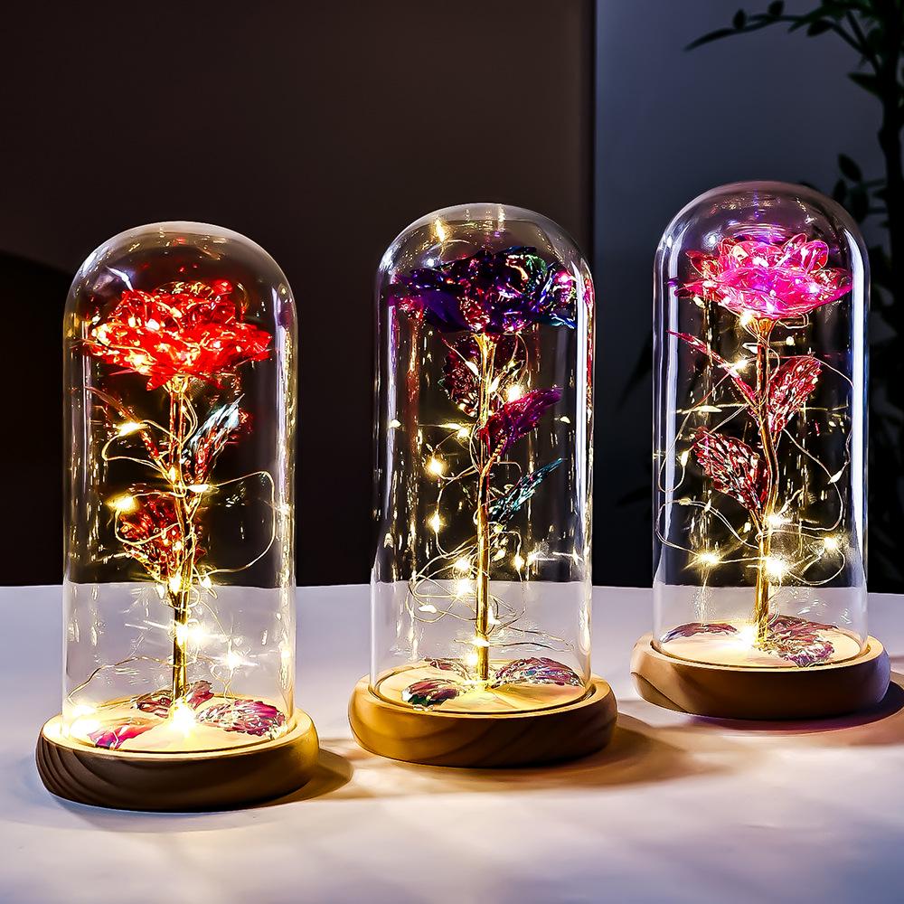 Gold Foil Rose with Glass Cover and Solid Wood Base - Creative Gift for Valentine's, Christmas, and Birthdays