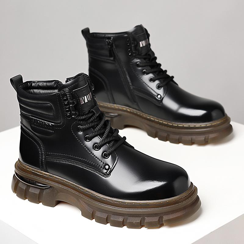 Hot Sale Men's PU Leather High Top Shoes Non-Slip Outdoor Motorcycle Boots Fashion Man Winter Ankle Boots Lace-Up Walking Botas