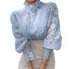 Frauen Stehkragen Spitze Patchwork Shirts Casual Aushöhlen Blume Blütenblatt Hülse Taste Tops Weiße Shirts für Frauen