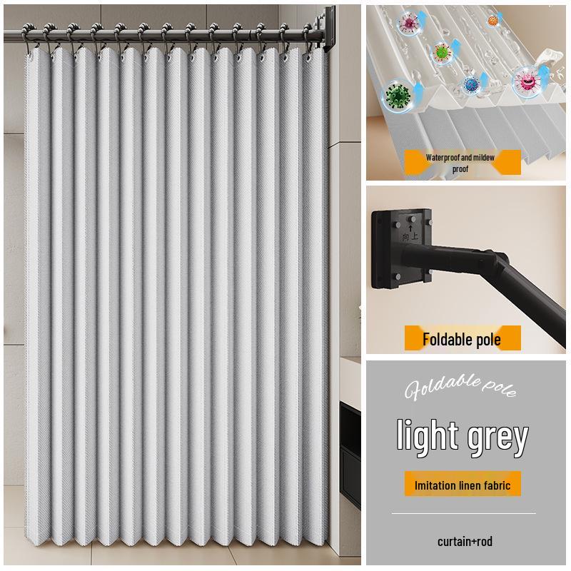Durable Linen-Like Folding Shower Curtain with Telescopic Rod for Bathroom Optimization
