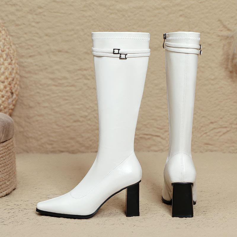 High-heeled boots, pointed fashion, high-heeled boots, thin, thick heels, but knee-length leather boots