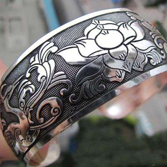 Women Vintage Ethnic Style Open Jewelry Tibetan Silver Bangle Wide Cuff Bracelet