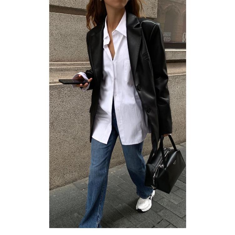Black Long PU Leather Suit Jacket Women's Loose Spring Autumn Coat with Elegant Style Plus Size Leather Jacket