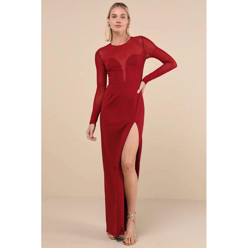 

Foreign Trade Order Lu Annual Meeting Party Red Carpet Catwalk Stretch Mesh Split Long Legs Dress Banquet Formal Dress Long dress Burgundy M