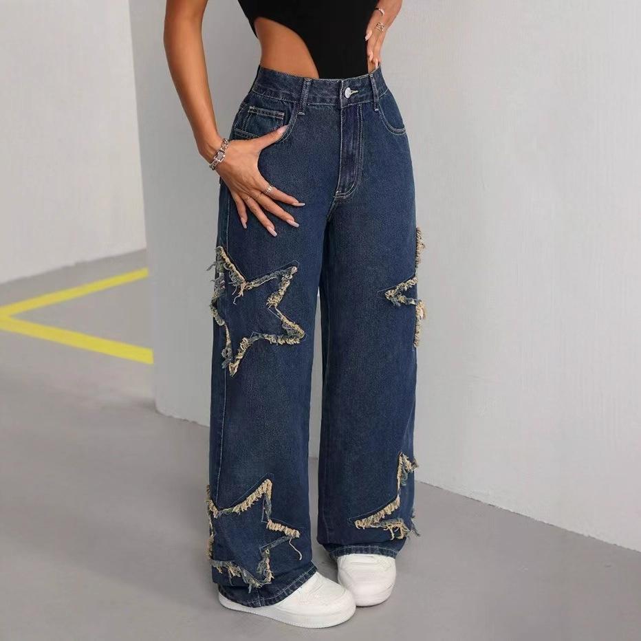 

Women s Y2K Star Patch Frayed Tassel Raw Edge Jeans Loose Straight Fit Casual Versatile Streetwear Full Length Denim Trousers XXL синій