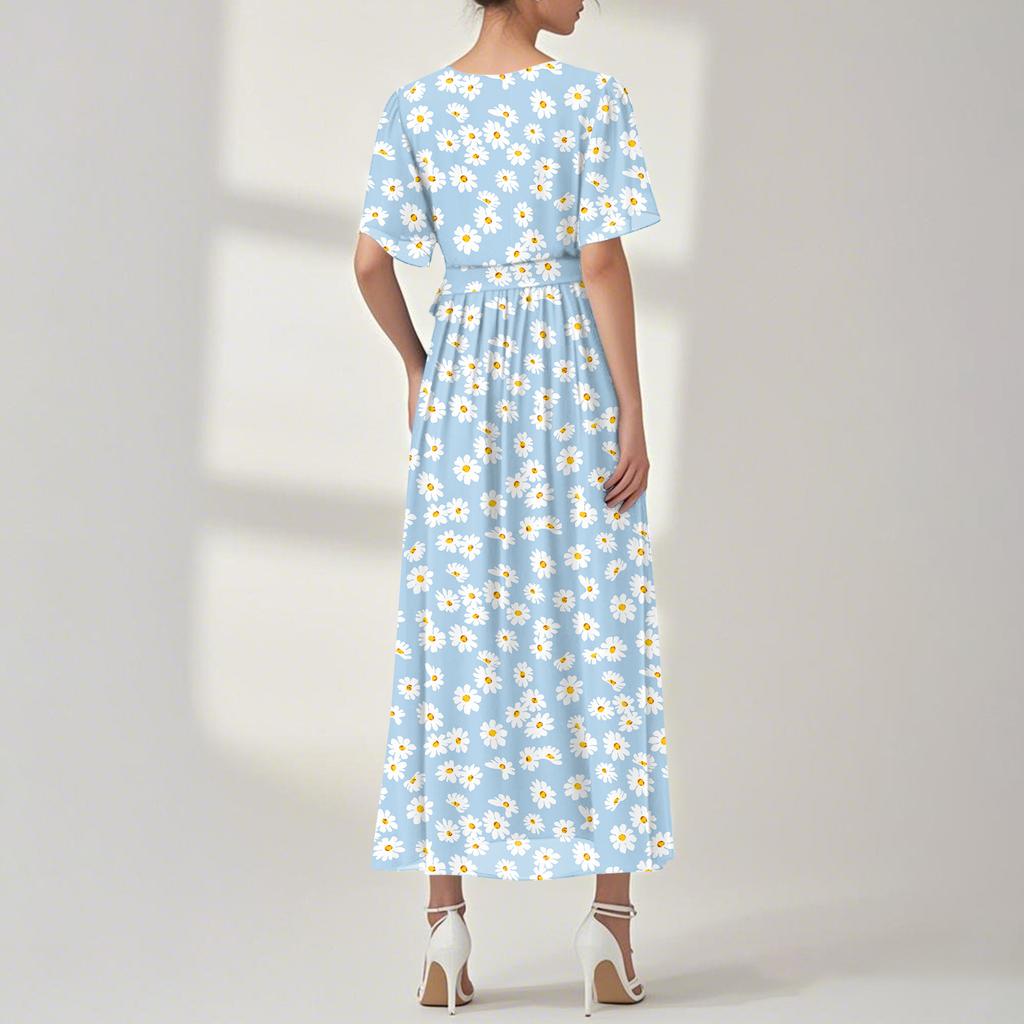 Women's Summer Floral Bohemian Dress Wrap V Neck Short Sleeves Ruffle A-Line Flowy Maxi Dress Summer Dresses For Women