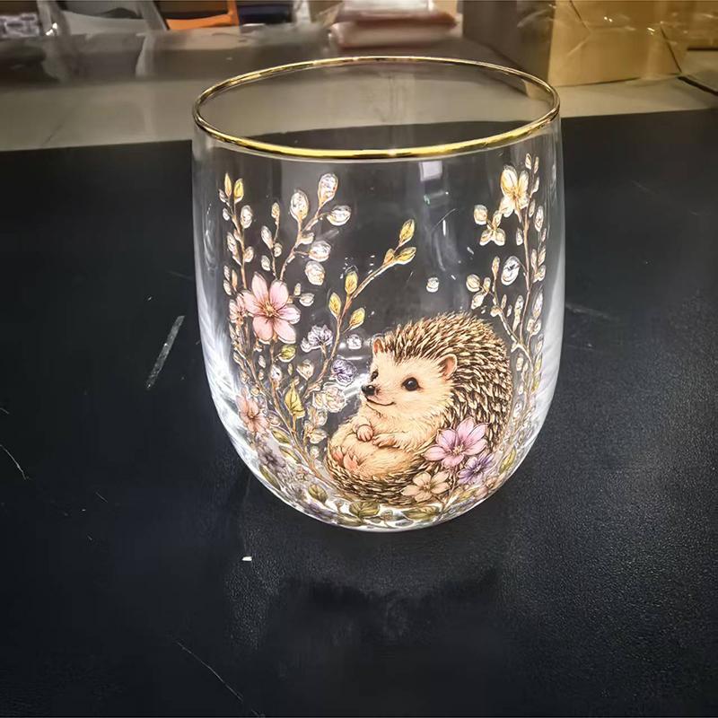 Vintage Painted Animal & Floral Gold Rim Glass Tumbler, Egg-shaped Lead-Free Glass Cup, Creative Gift Cup for Whiskey, Juice and Water