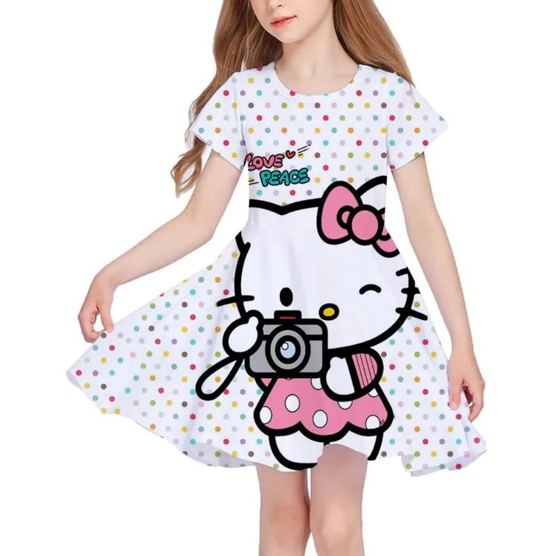 Summer New Girls Short-Sleeved Dress Hello Kitty 3D Printed Children's Fishtail Skirt Casual
