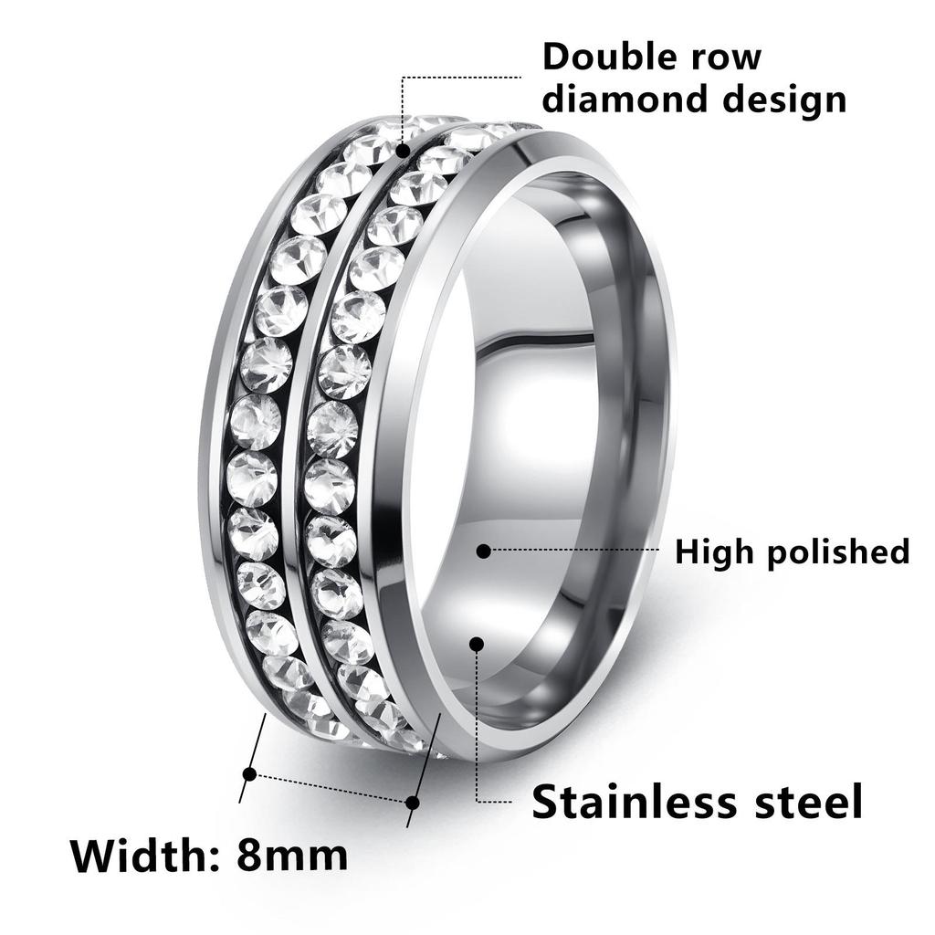 European and American Style Titanium Steel Double Row Diamond Ring - Korean High-end Stainless Steel Jewelry