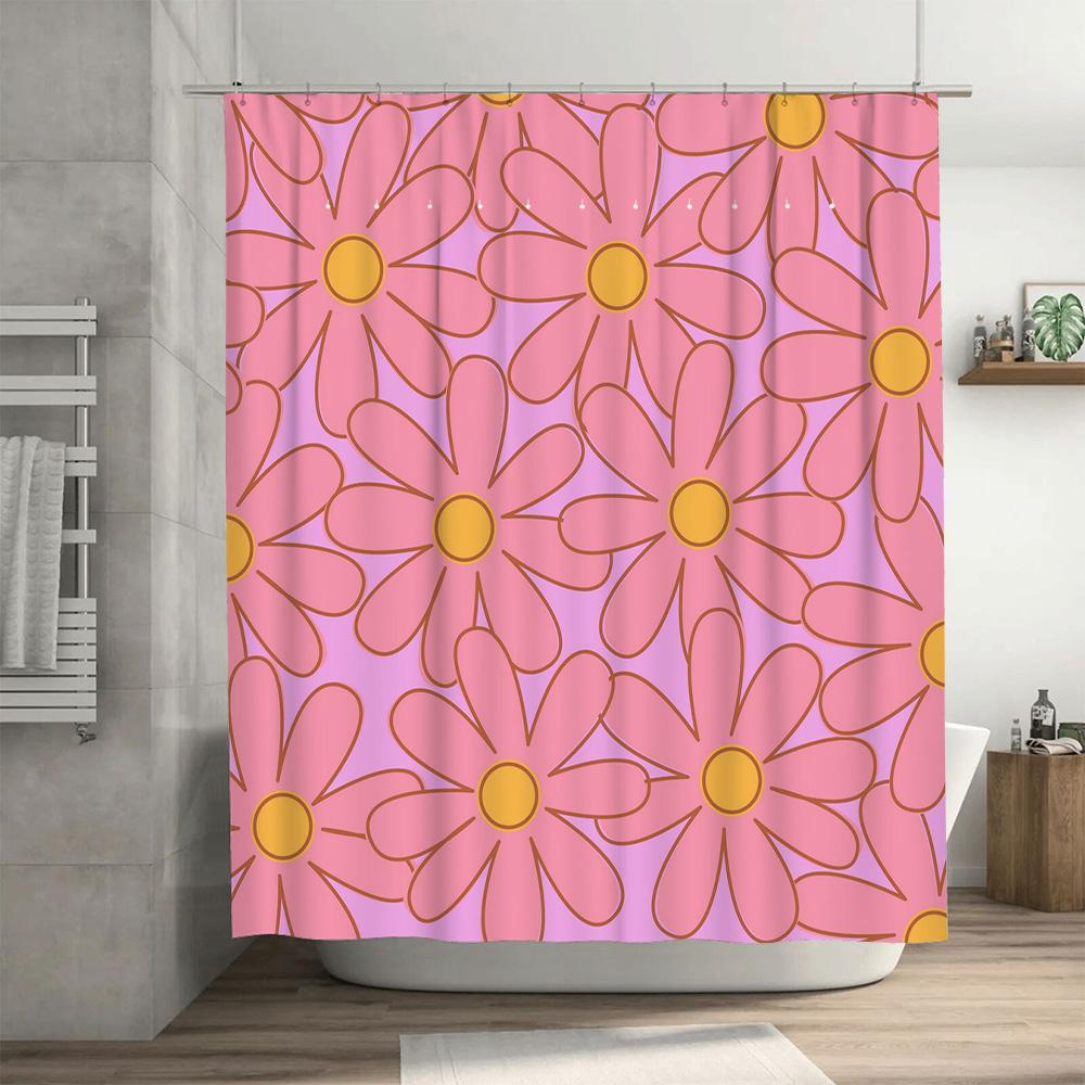 Colorful Bloom Shower Curtain Decor: Pink Daisy Flower Pattern for Bathroom Window Waterproof Fabric Home Decoration Set Include