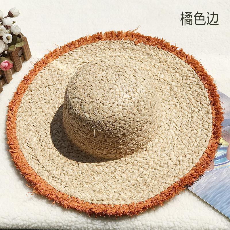 Natural Lafite Straw Hat Sunscreen Large Brim Beach Hat Trendy Foreign Style Color Fur Edge Dome UV Protection Sun Visor