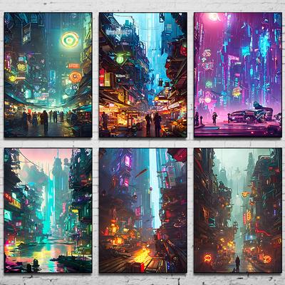 Prosperous Cyberpunk City Painting Canvas Poster Future World Wall Art Picture for Living Room Bedroom Modern Home Decor Gift