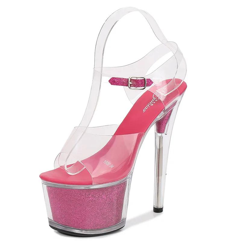 Fashion Women Designer Sandals Nightclub Model Shoes Super High Heels 16.5Cm Stiletto Sandals Transparent Crystal Shoes