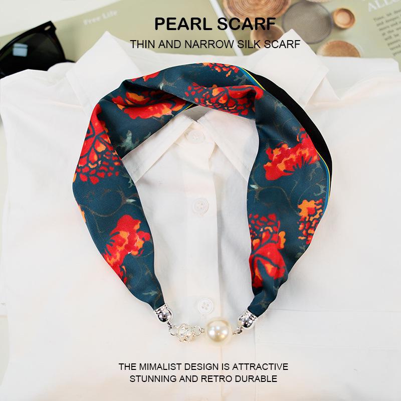 Elegant Silk Scarf with Magnetic Buckle and Pearl Necklace - Stylish Clavicle Chain for Women