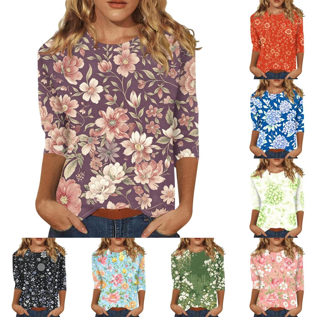 Womens Casual Floral Print Top with Three Quarter Sleeves and Crew Neck Relaxed Fit Lightweight Blouse for Everyday Wear
