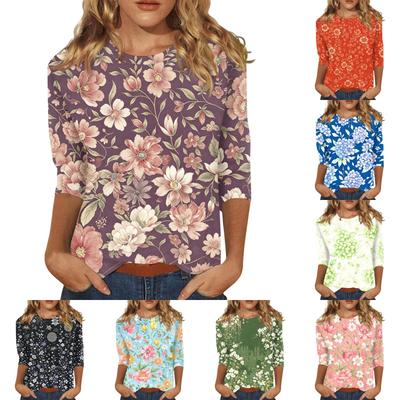 Womens Casual Three Quarter Sleeve Floral Print Crew Neck Top Relaxed Fit Lightweight Pullover Blouse for Daily Wear