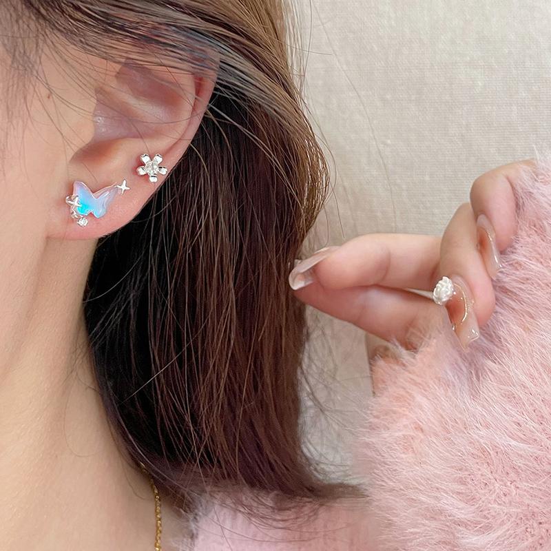 6Pcs/Set Women Colorful  Pentagram Star Moon Butterfly Stud Earring Trendy Punk Sweet Cool Earrings Aesthetic Jewelry