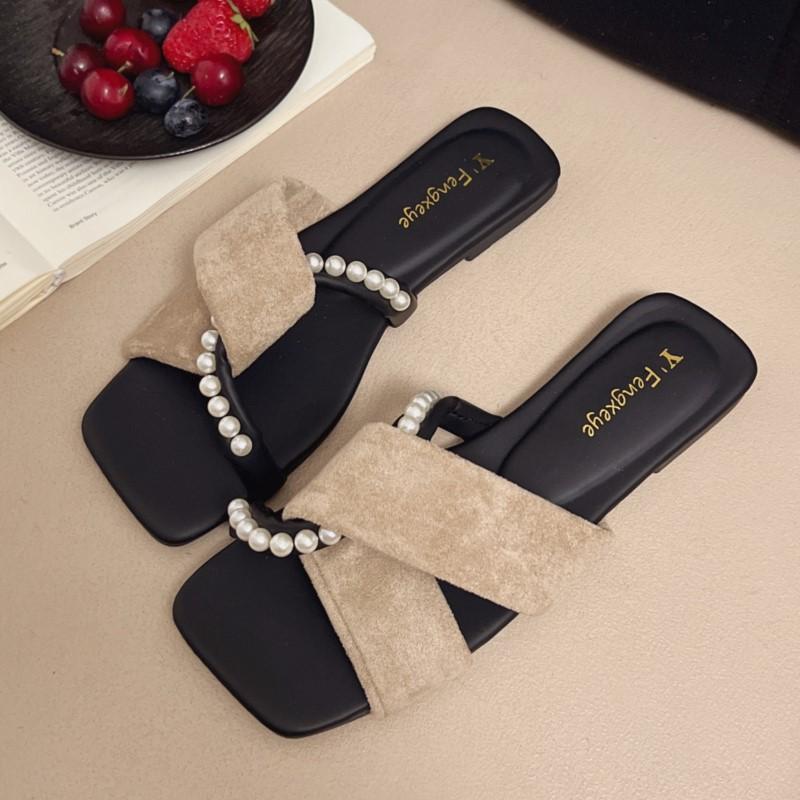 

Fashion Women s 2025 French Style Flat Pearl Sandals Summer Slip-On Dressy Slides for Outdoor Crisscross Toe Straps Casual Flip Flops 40