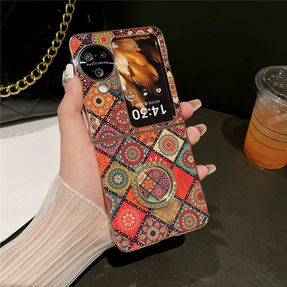 

N3 Flip Blue-Ray Ring Holder Retro Palace Gold Plating Flower Case For OPPO Find N3 FlipFind N2 Flip Shockproof Back Cover For Find N3 Flip